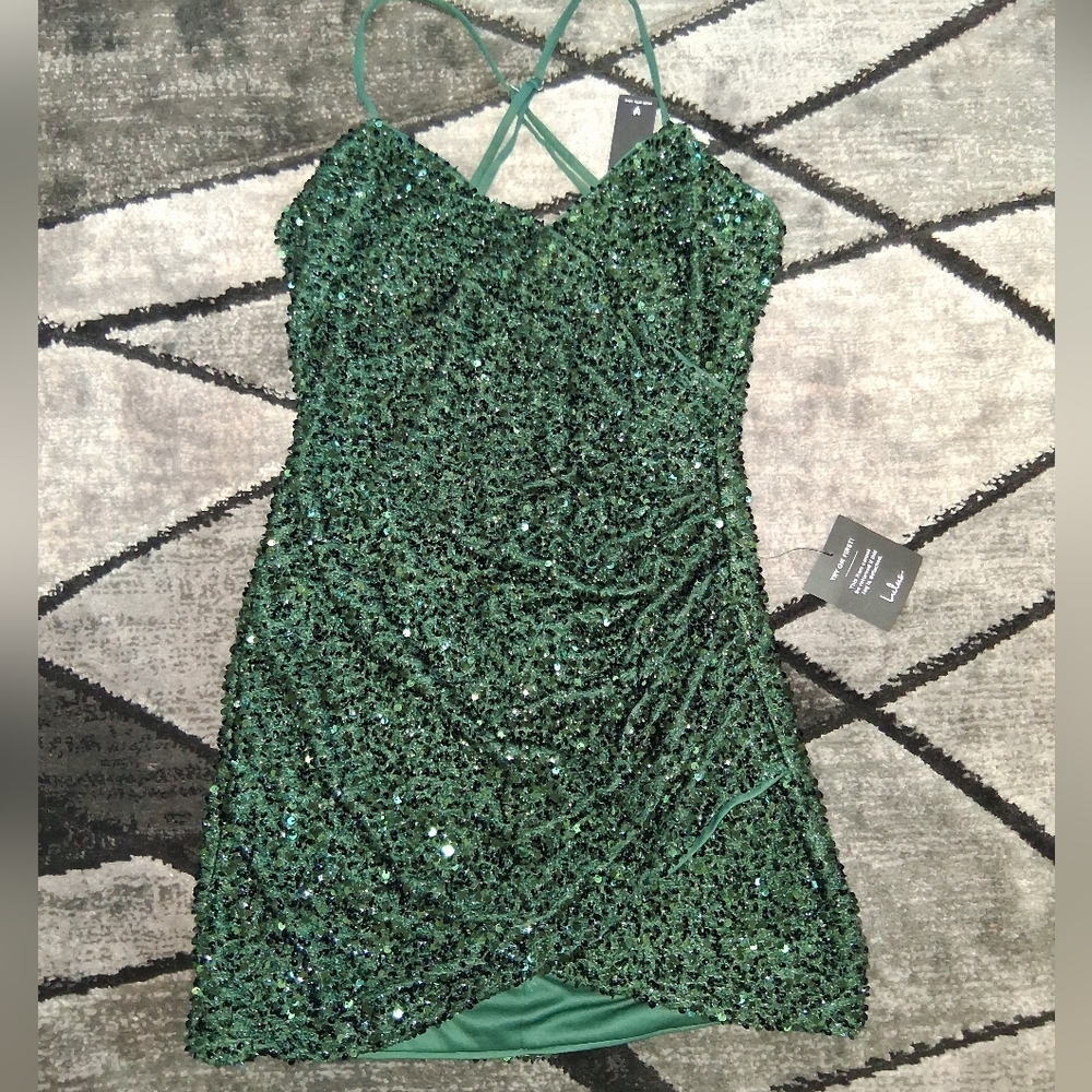 NWT Lulus Size Medium Emerald Sequin Faux Wrap Bodycon Homecoming Dress! - Picture 6 of 16
